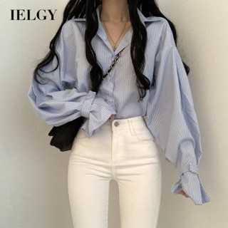IELGY 韓版學院風寬鬆百搭燈籠袖條紋襯衫女