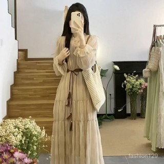 💛限時下殺💛春夏季新款法式僊女連衣裙女溫柔風甜美減齡顯瘦小眾長裙子女 高階感收腰長裙 復古時尚仙女裙 減齡長袖連衣裙女