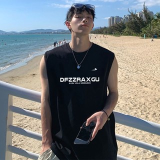 港風潮流西海岸圓領背心男寬鬆潮流字母印花時尚運動百搭無袖上衣 大呎碼 跑步背心 男背心 健身背心 速乾