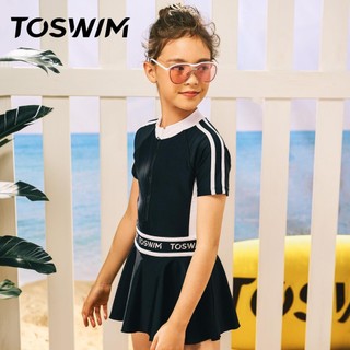 TOSWIM 拓勝兒童泳衣女童連體裙式防曬中大童女孩速幹游泳衣泳裝黑色派對