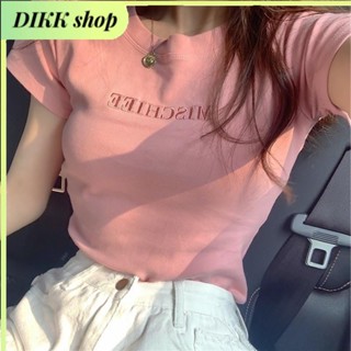 DIKK shop🎀T恤女生 韓版 短袖 緊身顯瘦 上衣 大尺碼 精緻字母刺繡 夏季薄款 舒適圓領 時尚百搭基本款 素