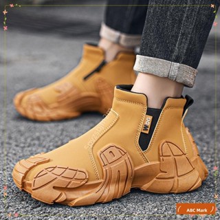 新品免運 短筒時尚靴男鞋新秋季高幫防滑耐磨戶外休閒鞋大黃靴 冬季上新側拉鍊皮革懶人套腳靴子工地工作男士運動老爹鞋厚底八爪