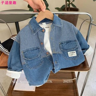 🍓子涵童趣🍓【限時特賣】兒童襯衫 男童上衣 兒童襯衫 春秋新款男童拼條紋牛仔襯衫 寶寶韓版洋氣上衣 寬鬆 休閒