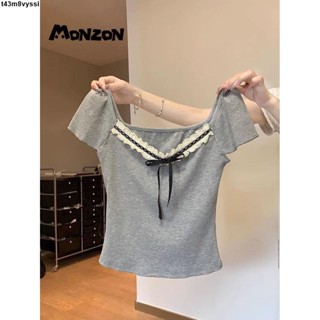 七喜服裝～甜美蕾絲拼接蝴蝶結短袖T恤 夏季花邊純欲風新款緊身顯瘦短版上衣