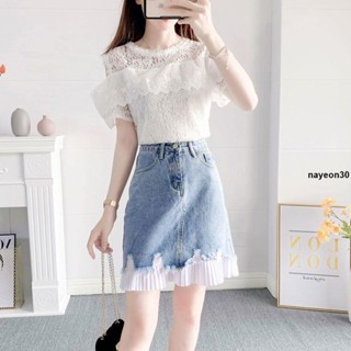 連衣裙🎀 【精緻優雅感】牛仔半身裙2024新款夏季露肩蕾絲衫上衣高腰牛仔裙時尚兩件套裝女