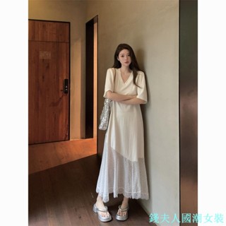 【錢夫人】連衣裙 連身裙 套裝女 洋裝 大尺碼女裝胖MM夏季新款蕾絲拼接連衣裙女特大碼300斤設計感小眾寬松長裙子2