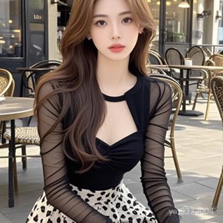 金選💖韓版法式設計感別緻鏤空長袖T恤女今年年秋季新款修身顯瘦百搭上衣 RYY0