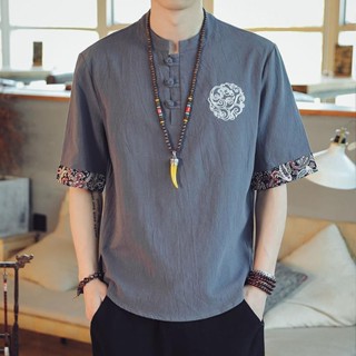 亞麻T恤男短袖夏季寬鬆胖子刺繡唐裝衣服潮流中國風男裝棉麻半袖 H 9 T U