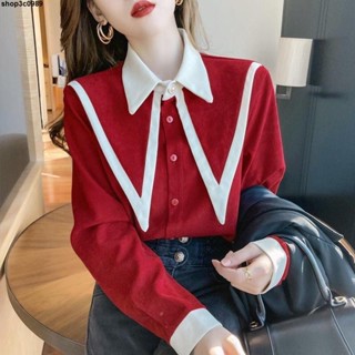 長袖 襯衫 女👚臺灣【1707人收藏】2025秋季新款韓版設計感撞色襯衫上衣女春秋薄款紅色寬鬆百搭襯衫