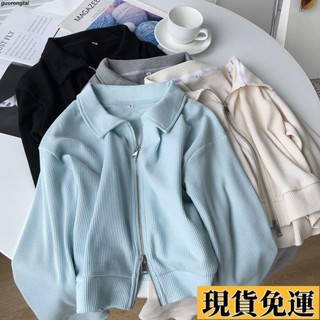 💞現H+免運💞棉華夫格短款外套女秋季韓版新款寬松設計感雙拉鏈上衣休閑開衫潮