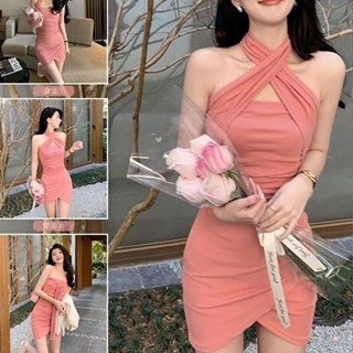 (臺灣出貨)SY吊帶洋裝辣妹純慾性感抹胸連身裙夏季一字領掛脖連身裙露背粉色多穿法式禦姐緊身包臀裙