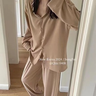 花菜丨奶油素色德絨睡衣女 冬季韓版長袖薄絨居家服 簡約開襟 休閒可外穿家居服兩件套裝