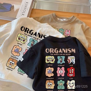 ✨兒童短袖✨臺灣出貨【80-140碼】100%純棉夏裝短袖T恤 男女童休閒寬鬆上衣 中小童海綿寶寶印花洋氣上衣 兒童短袖