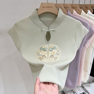 夏季榜一✨改良中式國風刺繡盤扣冰絲針織短袖T恤女2025春夏新款打底衫上衣 5KIC