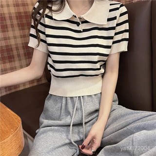 夏季榜一✨條紋polo領冰絲高腰短袖t恤女夏季薄款針織小衫收腰短款上衣ins潮 XMHW