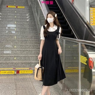 情趣內衣夏季新款學院風韓版法式復古假兩件蝴蝶結短袖洋裝法式外穿通勤