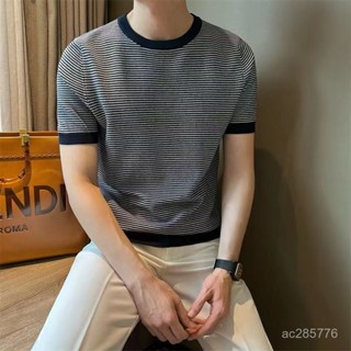 【臺灣出貨】潮流男裝修身冰絲針織衫2025夏季男士韓版T恤細條紋撞色圓領上衣