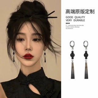 免運💍【鵰刻工藝】國風長款黑色耳環新韓國耳夾無耳洞女新款複古耳飾高階感古風耳墜韓國正品設計感輕奢 銀針 耳墜 耳夾 夾式
