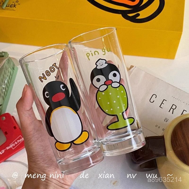 🌟熱銷精選3.11🌟原創pingu企鵝家族玻璃杯複古中古可愛玻璃杯水杯果汁杯子冷飲杯