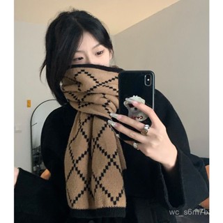 【小英的賣場】圍巾 圍脖 秋冬圍巾 菱形格子圍巾女秋冬季新款韓係毛線ins加長保暖加寬學生圍脖加厚