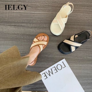 IELGY 夏季熱沙灘度假編織拼色交叉綁帶涼鞋女