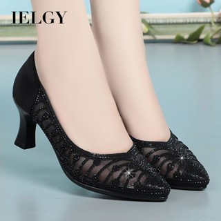 IELGY 皮革透氣高跟鞋女鞋頭網眼水鑽尖頭鏤空女涼鞋