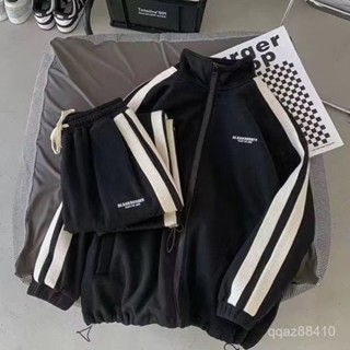 【優選套裝】運動套裝男士春秋季寬鬆開衫衛衣休閒褲子潮牌條紋兩件套夾克外套 93OL