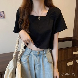 韓版設計感方領寬鬆短版上衣 短袖上衣 短袖t恤 女裝 顯瘦上衣 衣服 寬鬆上衣 素T 短闆上衣 RDRJ