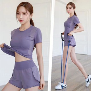 瑜伽套裝 梵語瑜珈 高階套裝 防走光短褲 速幹衣 瑜伽服 專業跑步套裝 運動套裝 短褲 瑜伽服 短袖上衣 彈性T恤