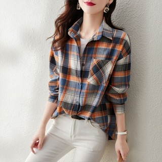 【W-SHOP】Ⓚ韓版長袖格子女士襯衫時尚洋氣減齡設計高階感上衣大尺碼上衣長袖襯衫大尺碼女裝長袖上衣日系穿搭大尺碼襯衫