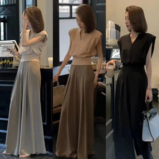 【Carmar】夏季早春女裝新款法式設計感時尚V領上衣+設計感西裝褲闊腿褲兩件式套裝 女生大碼休閒套裝 高腰顯瘦寬褲長褲
