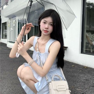 see 洋裝 長裙女 女生連衣裙 長袖連身裙小個子法式吊帶連衣裙藍色夏季甜美2024褶皺新款收腰裙子短裙