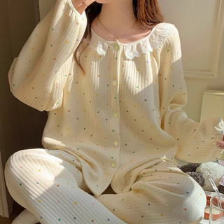 ssdd0320加厚睡衣女生 保暖家居服 簡約波點居家服套裝 長袖+長褲兩件套 甜美風睡衣 冬天女裝 秋天女裝 秋冬女裝