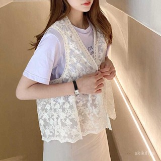 【春夏熱銷】328薄外套 馬甲背心 小馬夾 夏季小外套 韓係女裝 韓版蕾絲網紗馬甲女外穿寬鬆小背心新款無袖v領上衣
