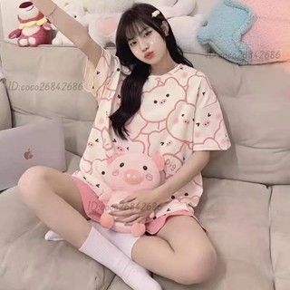 韓版睡衣 居家服 夏天睡衣 睡裙 短袖睡衣 小豬印花睡衣女夏季短袖薄款圓領套裝可愛卡通學生少女韓版家居服