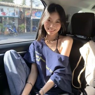 風の詩 吊帶ins風大碼女裝衣服純棉夏季ins風短袖T恤女甜酷斜肩上衣藏藍色慵懶遮肉學生黨潮流款短版上衣吊帶風衣小背心罩