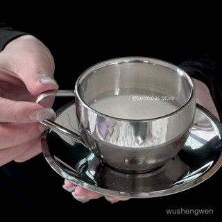 臺灣出貨ins風復古簡約咖啡杯套裝雙層不鏽鋼下午茶杯碟牛奶拉花杯水杯 馬克杯 咖啡杯組 下午茶水杯 拿鐵杯 杯盤組