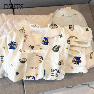 臺灣出貨[DWTS🌸]韓版ins可愛蠟筆小新睡衣女春秋夏季短袖薄款可外穿家居服三件套傢居服套裝 女睡衣 女生睡衣套裝