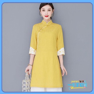 一隻羊 女士套裝 茶服 女士禪意國風唐裝 改良漢服 棉麻旗袍中式上衣 美容院採耳師工作服