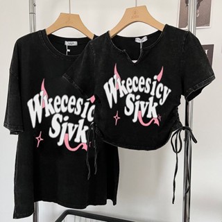 Miss推薦✈韓版vibe情侶裝壹長壹短水洗做舊t恤美式復古辣妹露臍短款上衣短袖上衣短袖t恤女裝寬鬆上衣素