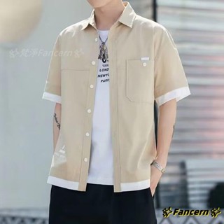 ✨Fancern✨ 臺灣出貨 工裝襯衫男短袖 M-3XL 男士短袖襯衫潮流拼接工裝外套夏季韓版青少年帥氣休閒襯衣男裝潮