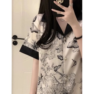 女生家居服 冰絲睡衣 涼感睡衣 短袖家居服 睡衣套裝 可愛睡衣 居家睡衣 夏季冰絲蝴蝶印花睡衣女夏季短袖家居服套裝