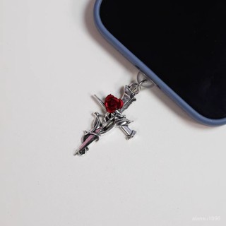 🩰歐美風荊棘玫瑰十字架吊墜 手機防塵塞 充電口堵掛件 type-c蘋果華為 充電口掛件 手機充電口防塵塞