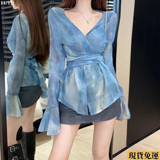 𝙻𝚞𝚢𝚞🚀限時免運高級時尚復古扎染V領飄帶喇叭減齡雪紡衫長袖襯衫收腰上衣女初秋