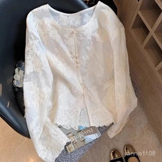 新品 上衣女 中式國風長袖圓領蕾絲襯衫女2024春季襯衣新款氣質顯瘦刺繡上衣潮 上衣夏天 設計感 百搭 UFRE