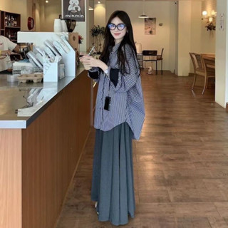 LanFa時尚女裝/上衣 襯衫 長袖 韓版長袖 休閑百搭 松馳感穿搭條紋襯衫復古設計感小眾百搭長袖襯衣寬鬆外套襯衫