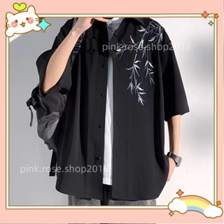 ☀桃園出貨+發票☀M-8XL 韓版新款刺繡襯衫男 大尺碼上衣 寬鬆休閒短袖襯衫 五分袖上衣 薄外套 白色襯衫 顯瘦 男生