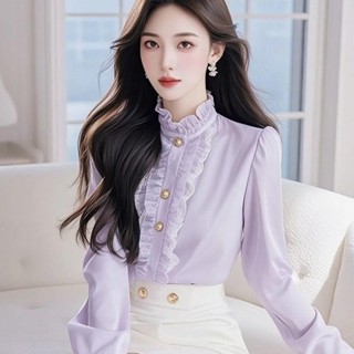 免運💖【1569人收藏】法式小香風紫色長袖上衣春裝2025年新款洋氣百搭女士襯衫雪紡衫潮