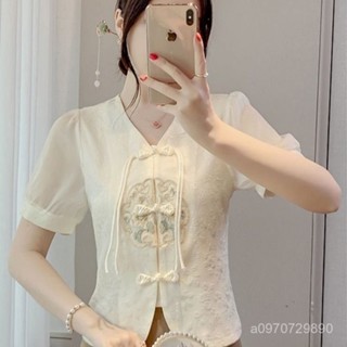 🔥48H出貨 古風刺繡棉麻襯衫女 國風文藝復古改良上衣 夏季禪意寬鬆茶服短袖 新中式v領刺繡襯衫女短款上衣國風短袖小衫