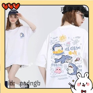 ✨臺灣熱銷✨可愛卡通鯊魚印花手繪短袖女圓領t恤寬鬆夏季時尚instagram情侶上衣AKK
